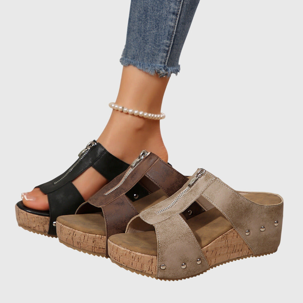 Veldray | Women's Wedge Sandals Front Zip Cork Platform - Image 2