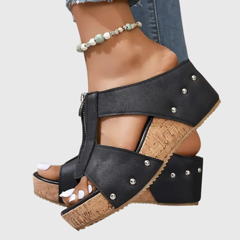 Veldray | Women's Wedge Sandals Front Zip Cork Platform - Image 4