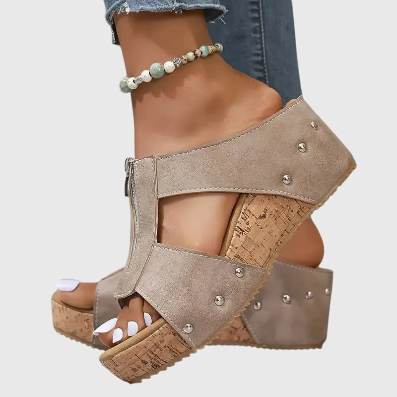 Veldray | Women's Wedge Sandals Front Zip Cork Platform - Image 6