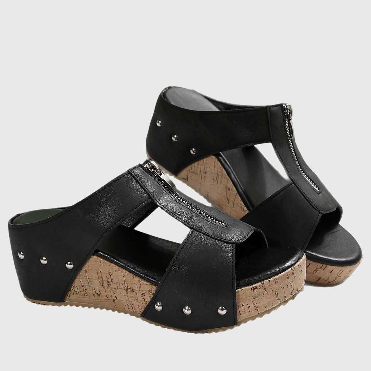 Veldray | Women's Wedge Sandals Front Zip Cork Platform - Image 7