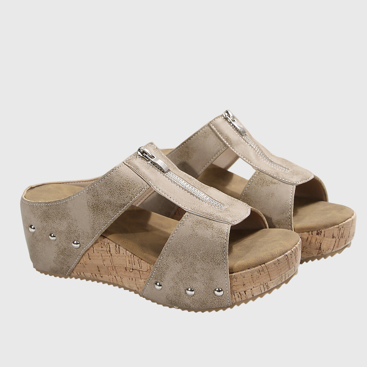 Veldray | Women's Wedge Sandals Front Zip Cork Platform - Image 8