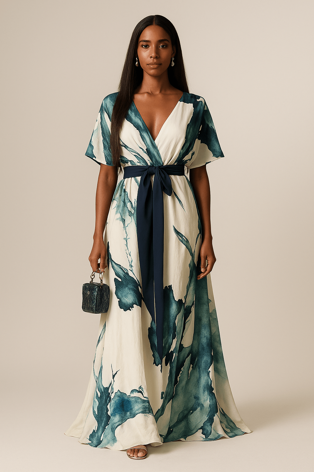 Veldris | Women's Abstract Print Belted Maxi Dress - Image 1