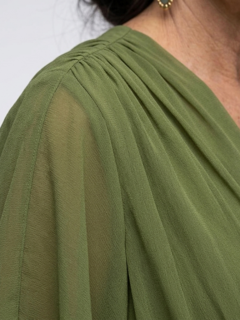 Vellante | Women's Midi Dress Draped Waist Tie - Olive Green - Image 2