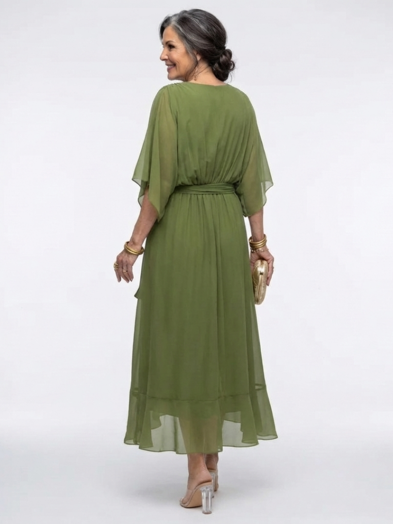 Vellante | Women's Midi Dress Draped Waist Tie - Olive Green - Image 3
