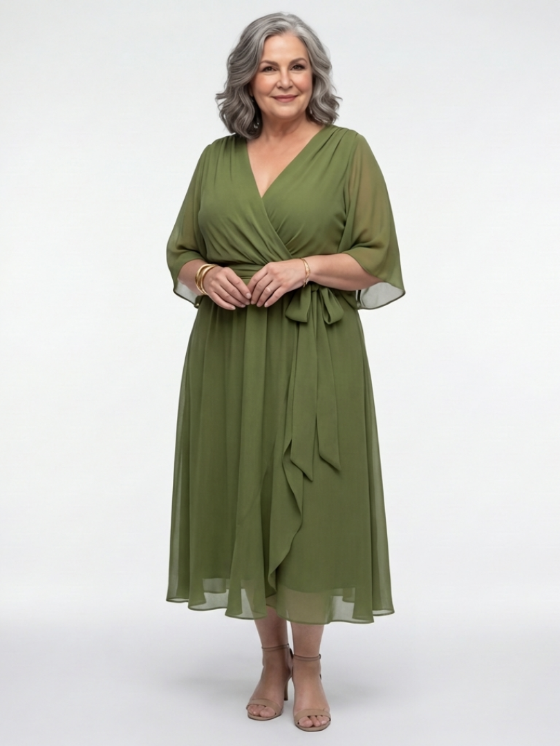 Vellante | Women's Midi Dress Draped Waist Tie - Olive Green - Image 4