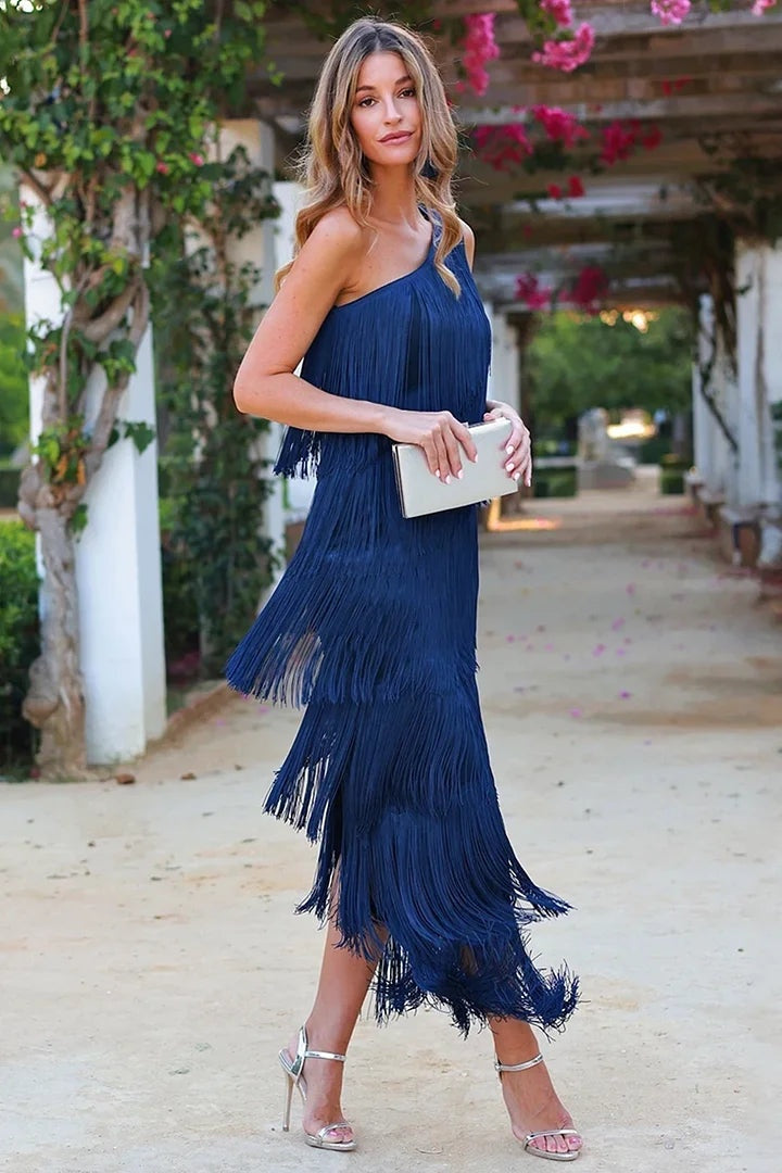 Vellantis | Women's Fringe Maxi Dress One Shoulder - Navy - Image 1