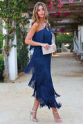 Vellantis | Women's Fringe Maxi Dress One Shoulder - Navy - Image 1