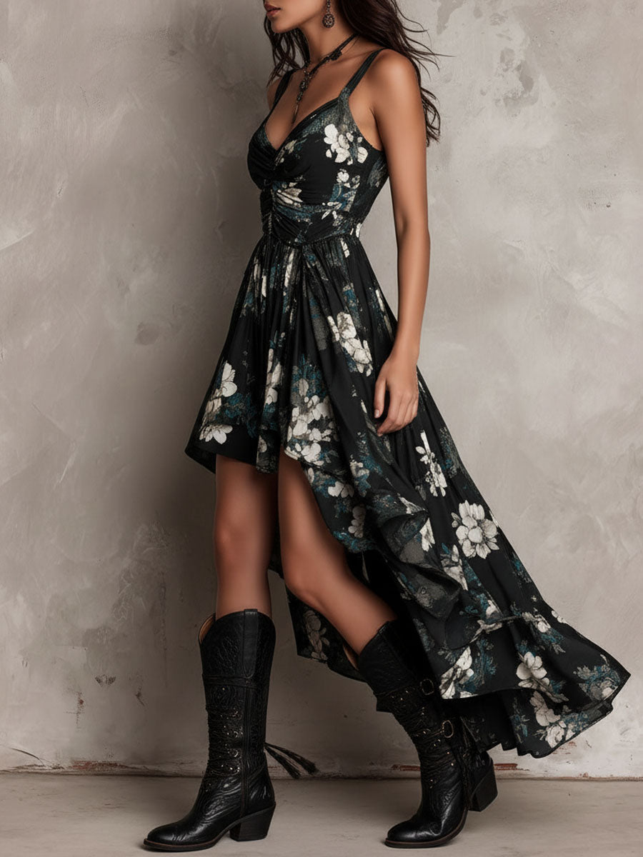 Vellara | Women's Floral Cocktail Dress High-Low Maxi - Black - Image 7
