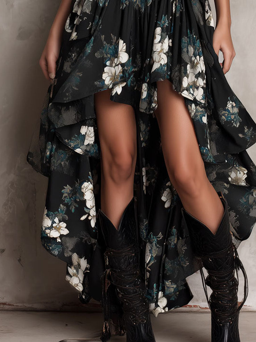 Vellara | Women's Floral Cocktail Dress High-Low Maxi - Black - Image 9