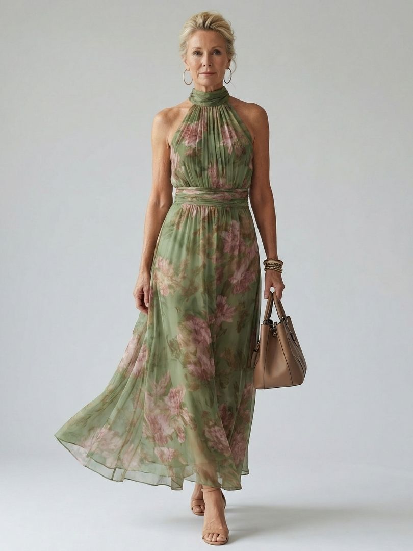 Vellore | Women's Floral Midi Dress Halter Neck - Sage - Image 1