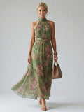 Vellore | Women's Floral Midi Dress Halter Neck - Sage - Image 1