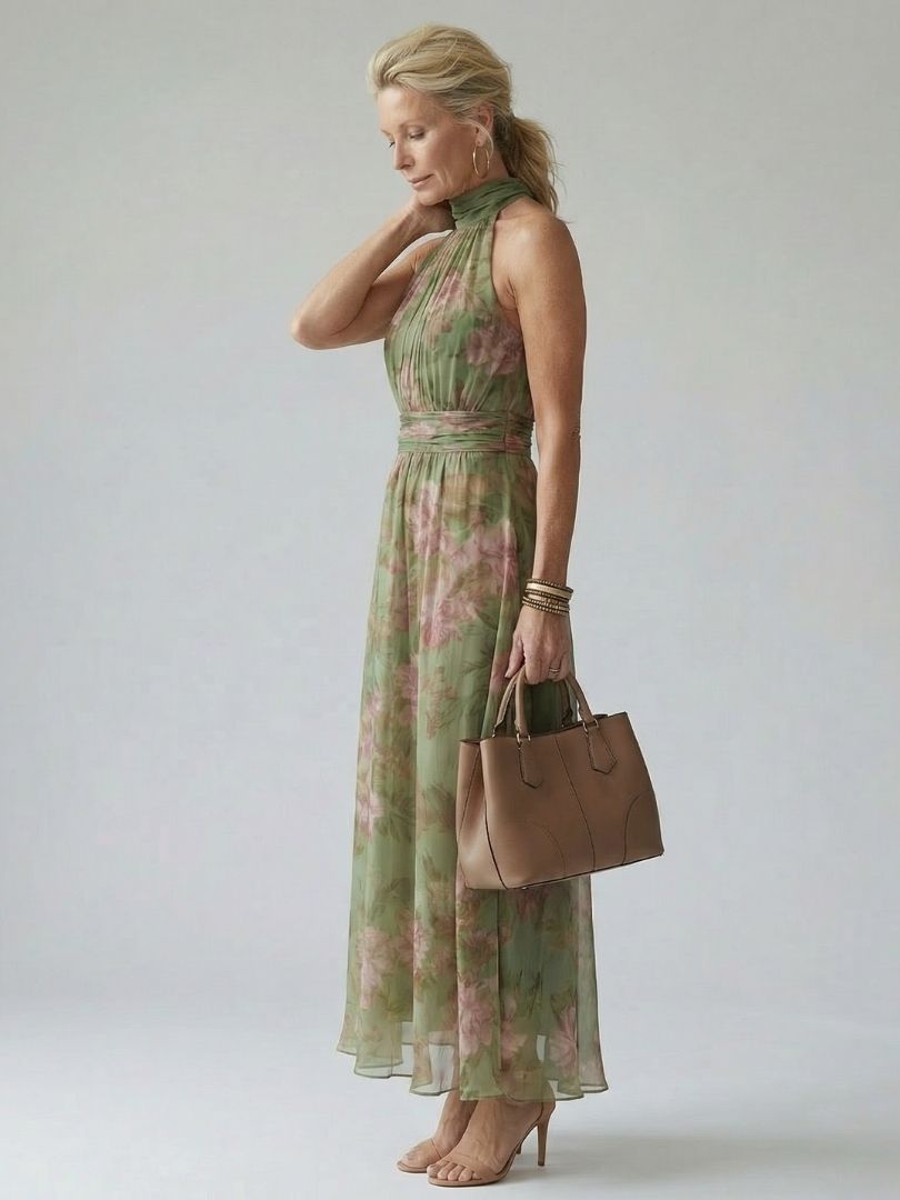 Vellore | Women's Floral Midi Dress Halter Neck - Sage - Image 3