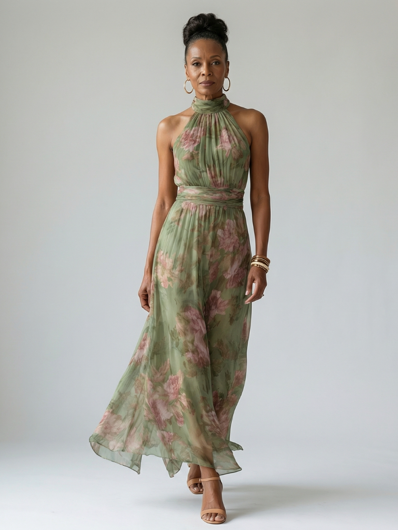 Vellore | Women's Floral Midi Dress Halter Neck - Sage - Image 5