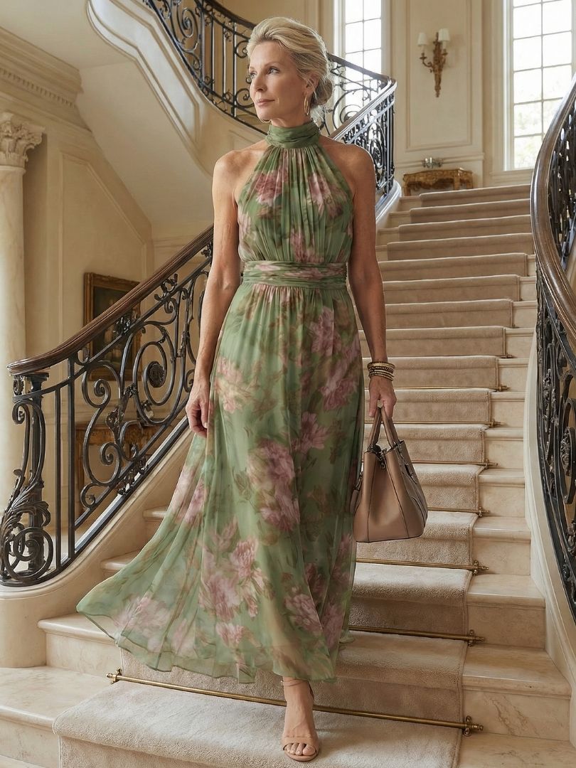 Vellore | Women's Floral Midi Dress Halter Neck - Sage - Image 6