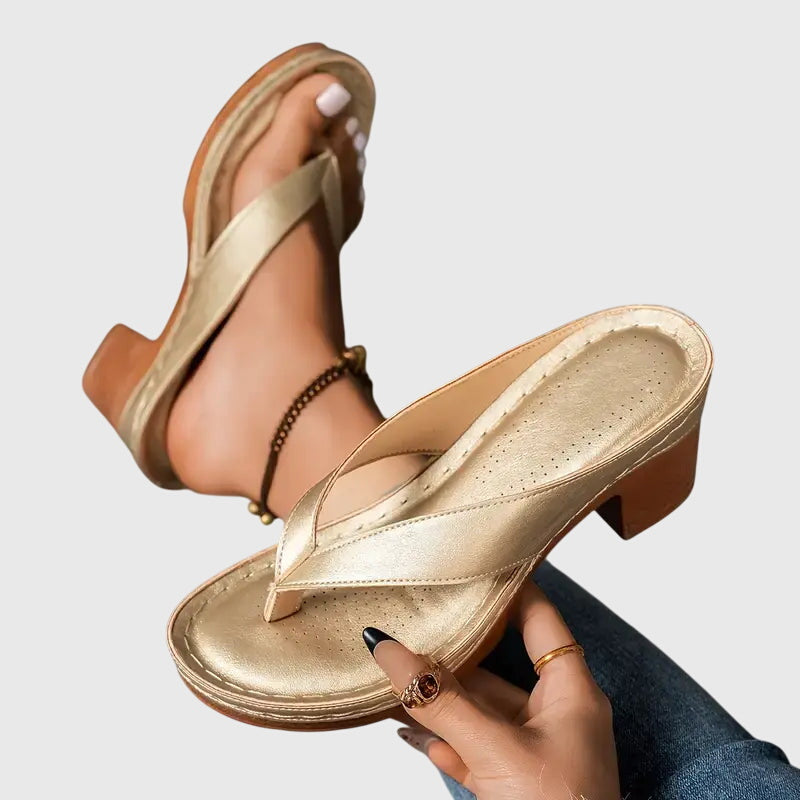 Velmara | Women's Platform Thong Block Heel Sandals - Gold - Image 1