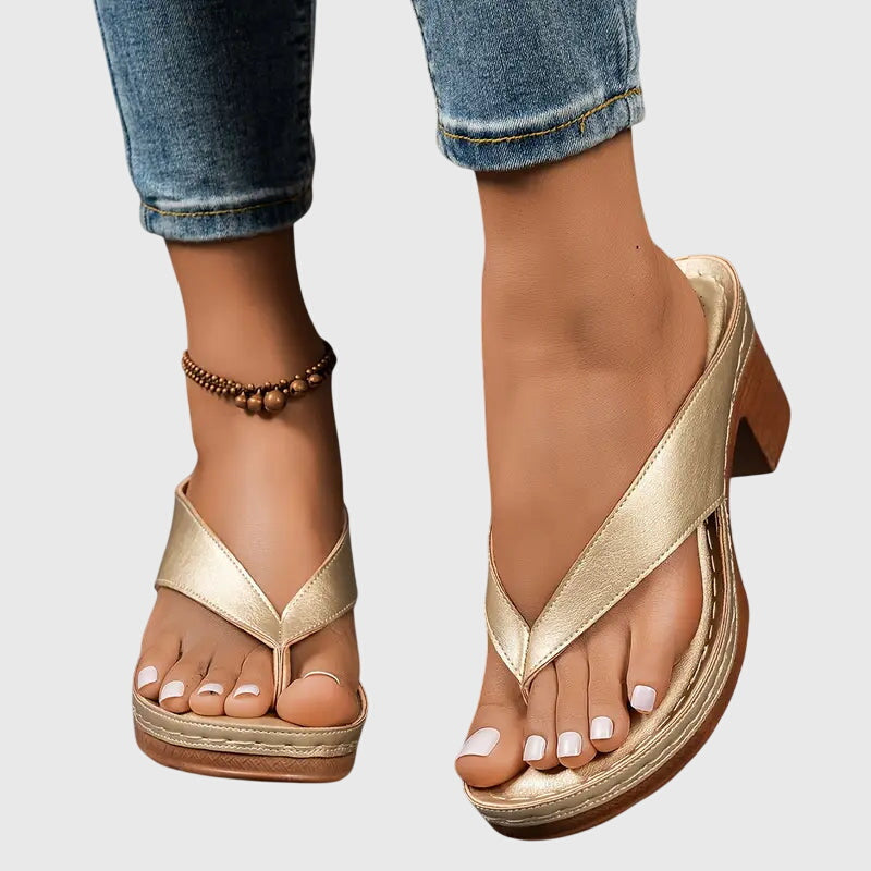 Velmara | Women's Platform Thong Block Heel Sandals - Gold - Image 2
