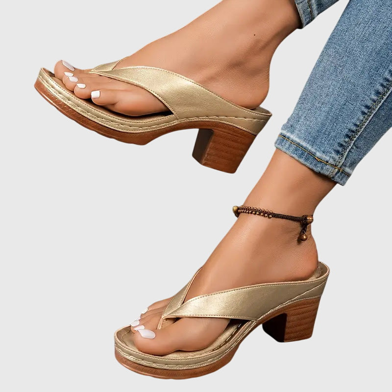 Velmara | Women's Platform Thong Block Heel Sandals - Gold - Image 4