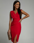 Velmonde | Women's Cocktail Dress Pleated Bodycon - Red - Image 1