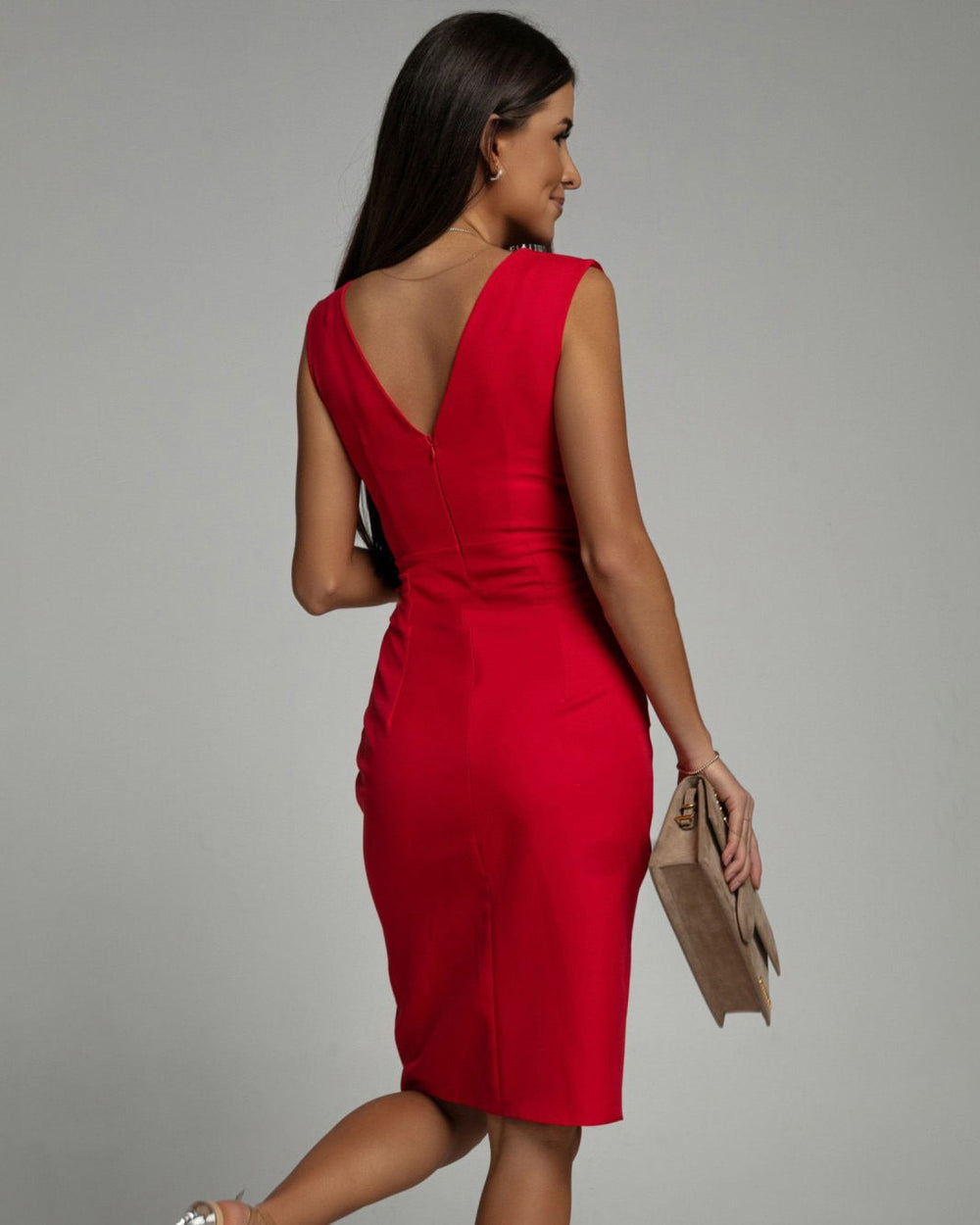 Velmonde | Women's Cocktail Dress Pleated Bodycon - Red - Image 2