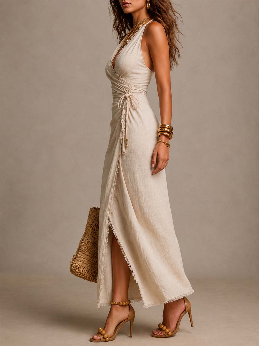 Velmonde | Women's Halter Neck Maxi Wrap Evening Dress - Cream - Image 3