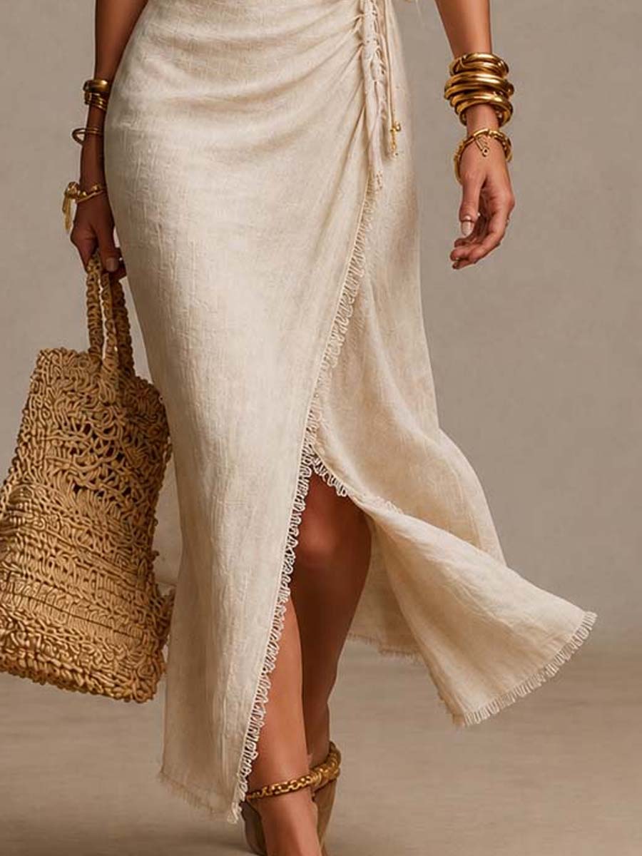Velmonde | Women's Halter Neck Maxi Wrap Evening Dress - Cream - Image 4