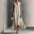 Velmonde | Women's Sleeveless Maxi Dress Flounce Hem - Beige - Image 1