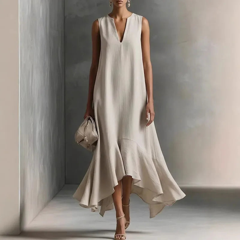 Velmonde | Women's Sleeveless Maxi Dress Flounce Hem - Beige - Image 1
