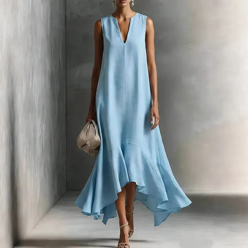 Velmonde | Women's Sleeveless Maxi Dress Flounce Hem - Beige - Image 2