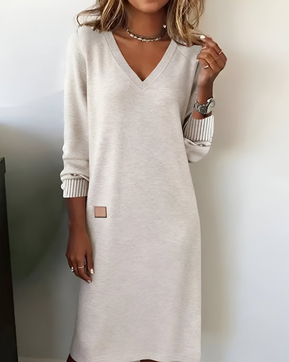 Velnora | Women's Midi Dress Long Sleeve V-Neck - Image 1
