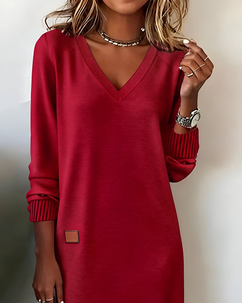 Velnora | Women's Midi Dress Long Sleeve V-Neck - Image 8