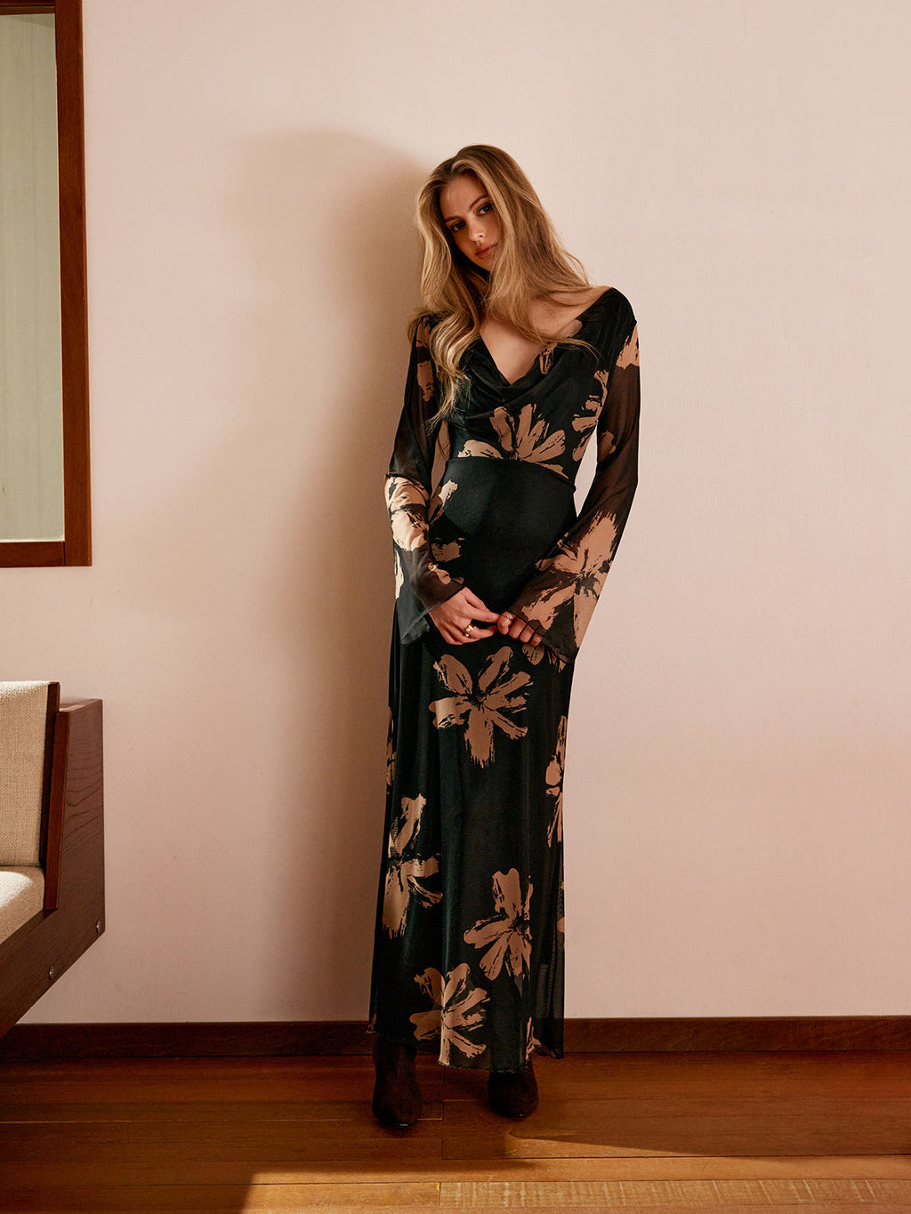 Velvaine | Women's Floral Maxi Dress Long Sleeve - Black - Image 1