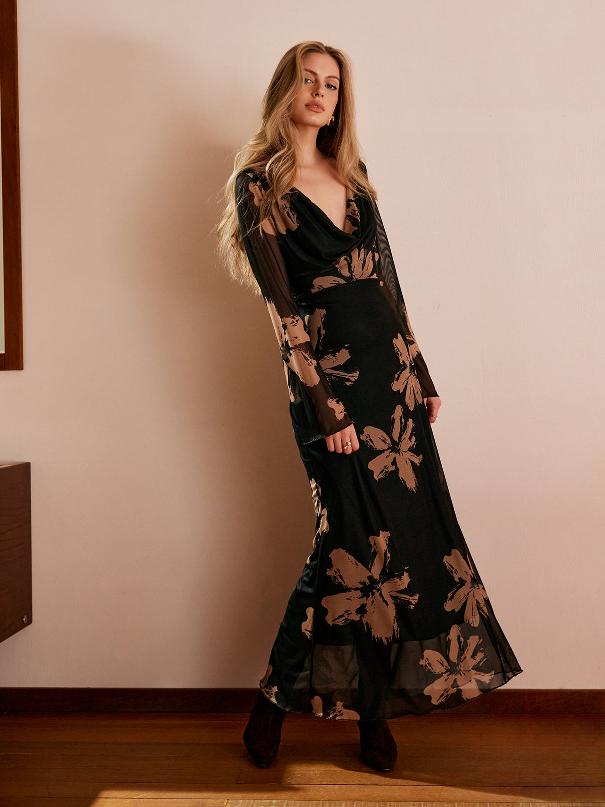 Velvaine | Women's Floral Maxi Dress Long Sleeve - Black - Image 4