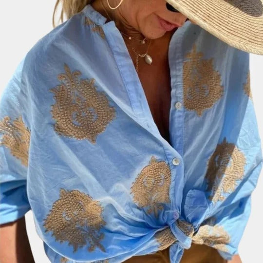 Velvaine | Women's Relaxed Linen Top Embroidered Blouse - Sky Blue - Image 2