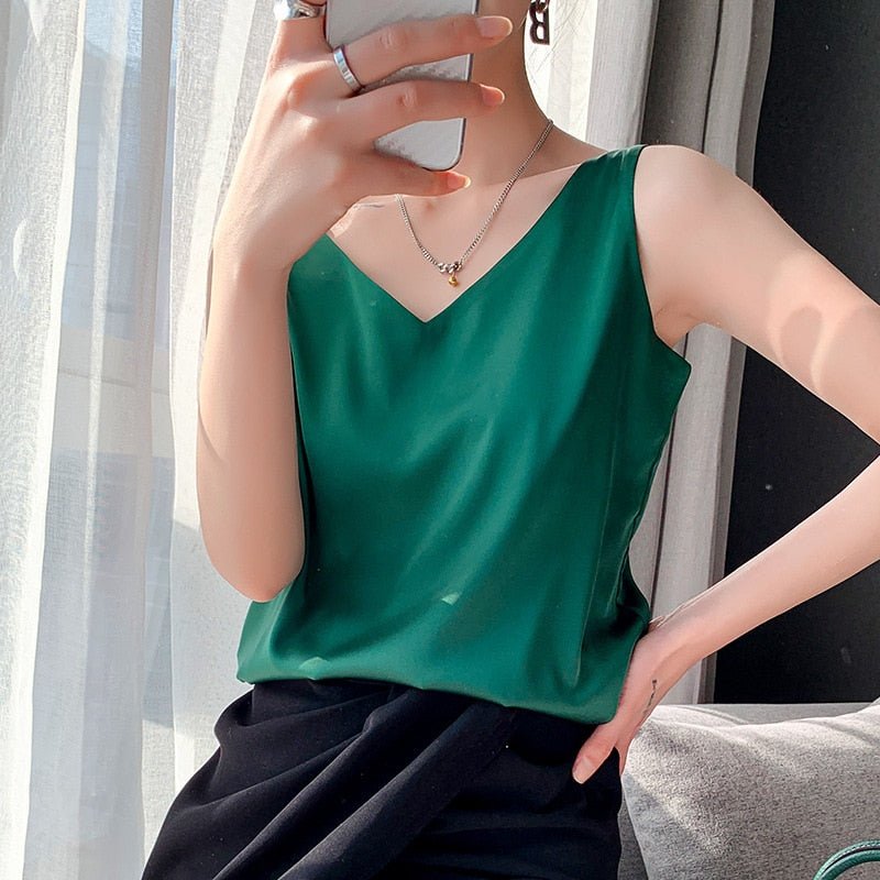 Velvaine | Women's V-Neck Satin Cami Top - Black - Image 2