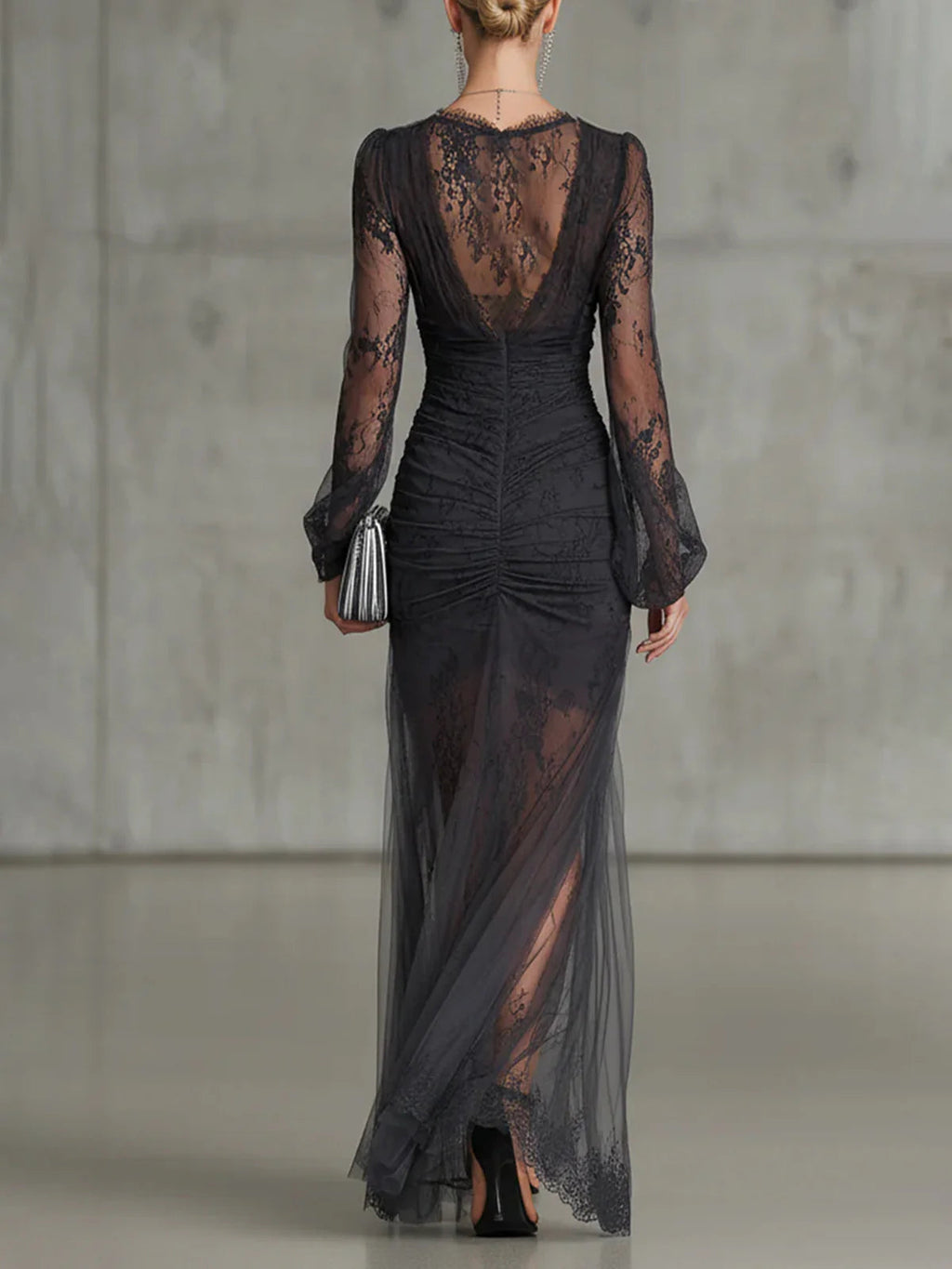 Velvara | Women's Lace Sheer Maxi Dress - Black - Image 3