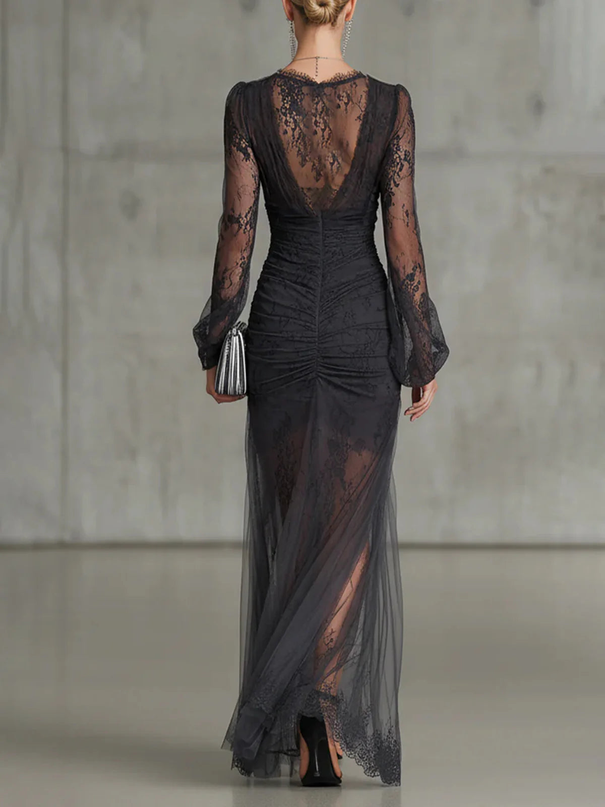 Velvara | Women's Lace Sheer Maxi Dress - Black - Image 3