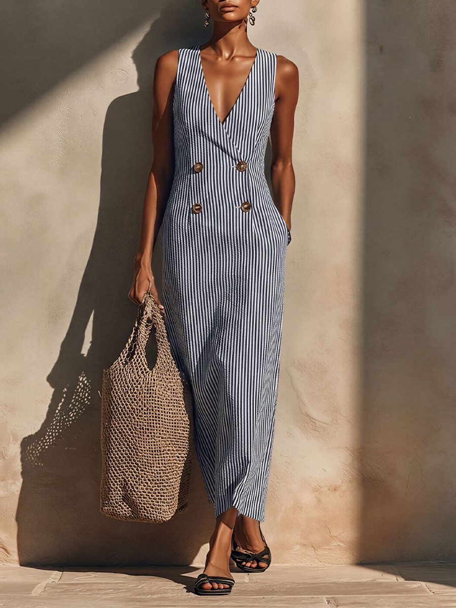 Velvorne | Women's Casual Summer Striped Maxi Dress - Striped - Image 1