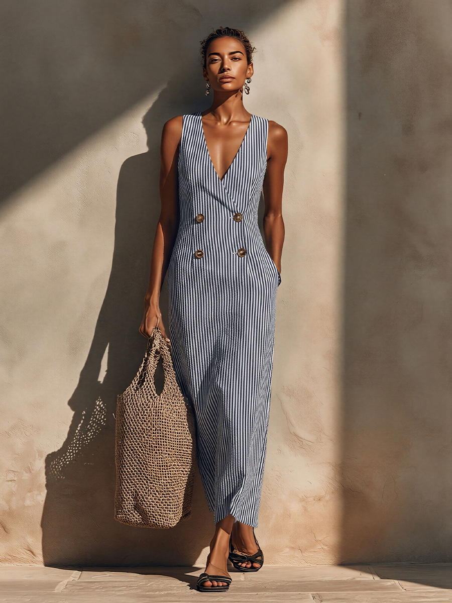 Velvorne | Women's Casual Summer Striped Maxi Dress - Striped - Image 4