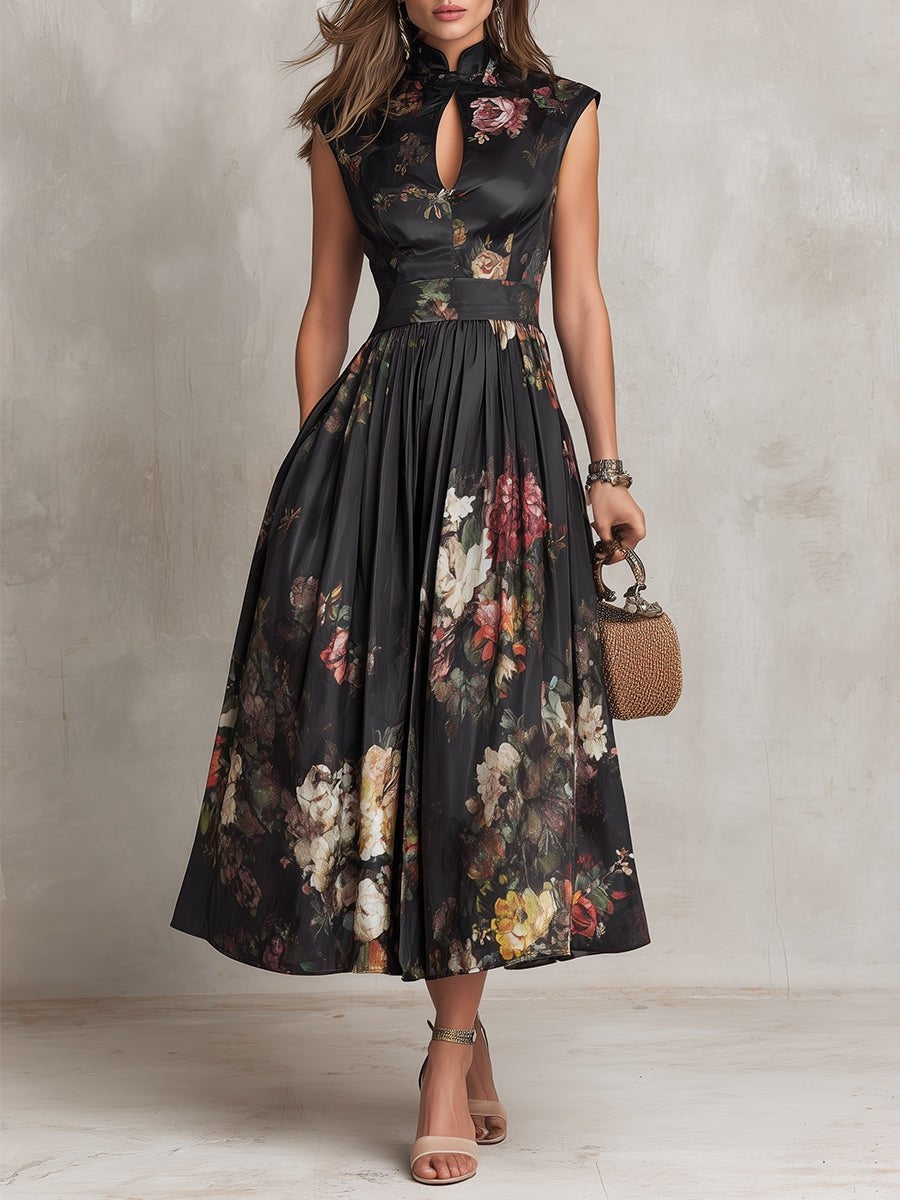 Veradelle | Women's Floral Print Midi Cocktail Dress - Black - Image 1