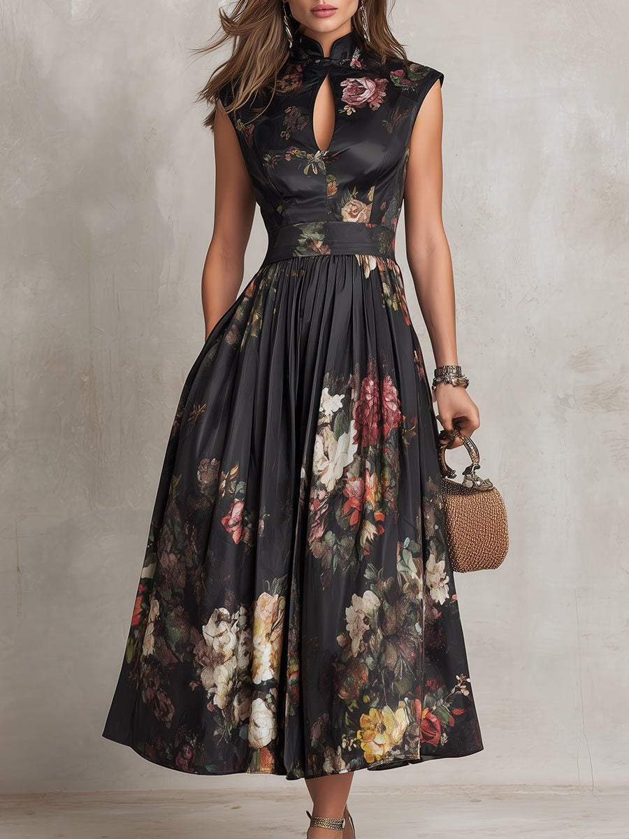 Veradelle | Women's Floral Print Midi Cocktail Dress - Black - Image 3