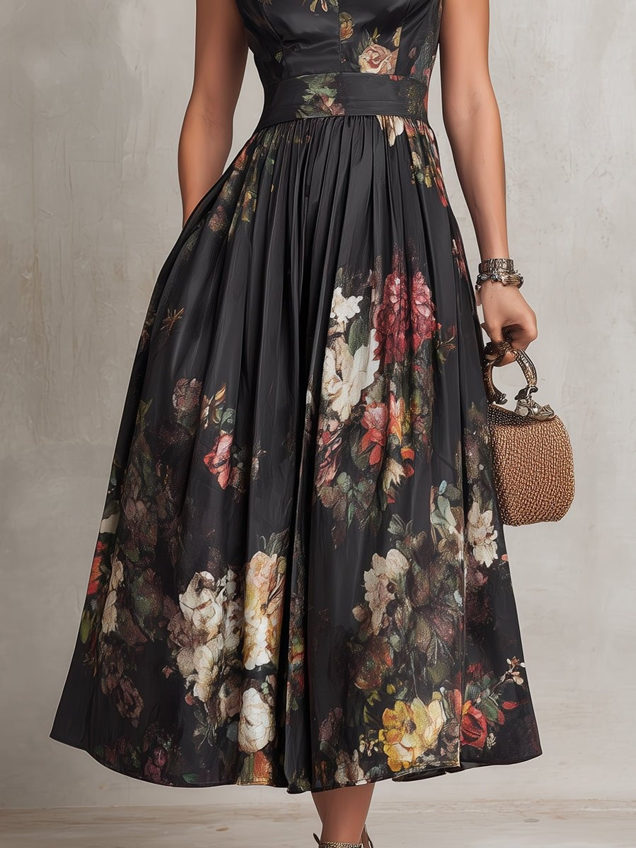 Veradelle | Women's Floral Print Midi Cocktail Dress - Black - Image 5