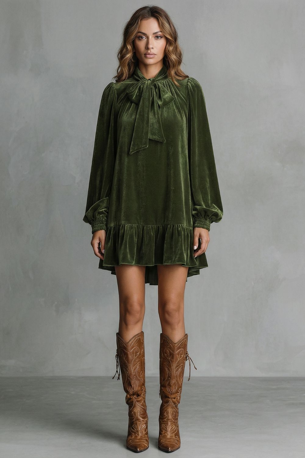 Veradine | Women's Velvet Bow-Tie Mini Dress - Dark Green - Image 2