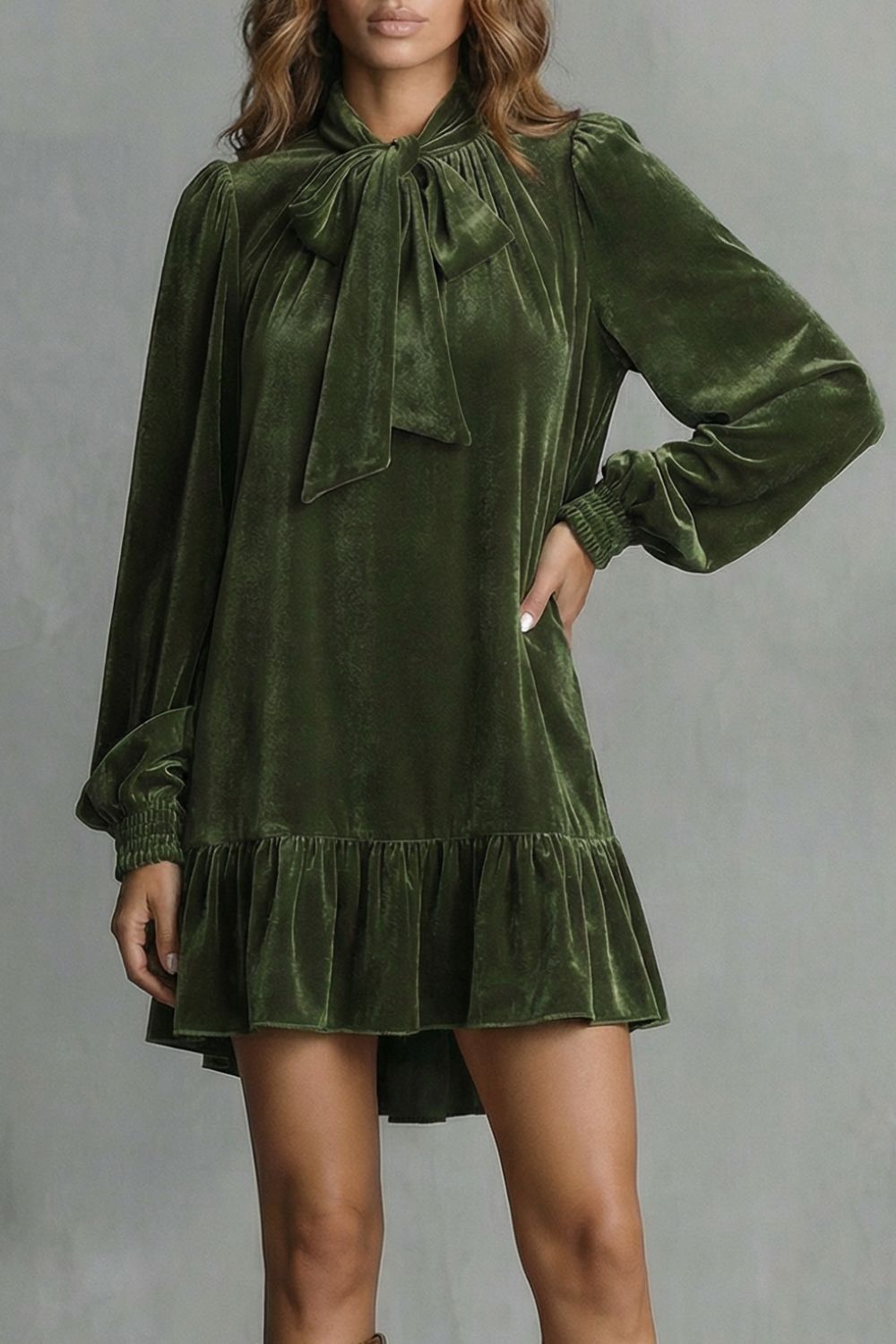 Veradine | Women's Velvet Bow-Tie Mini Dress - Dark Green - Image 3