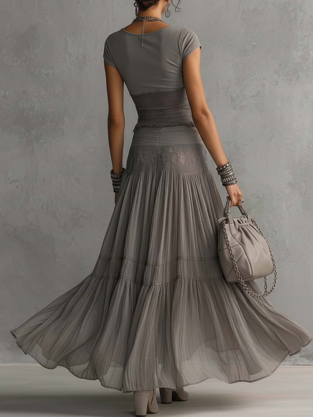Verlaine | Women's Two Piece Crop Top Maxi Skirt Set - Grey - Image 2