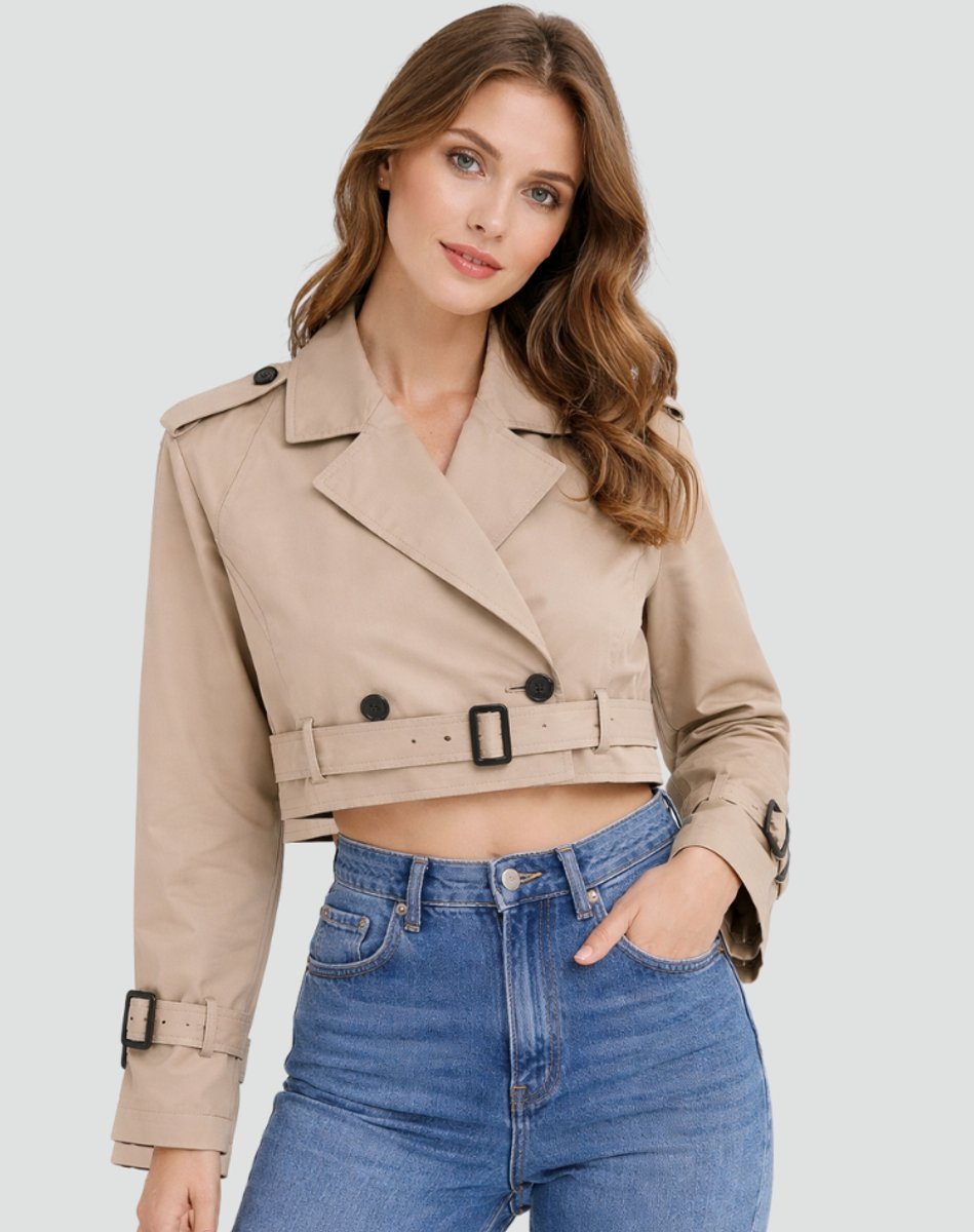 Verlindra | Women's Cropped Double-Breasted Trench Coat Jacket - Image 1