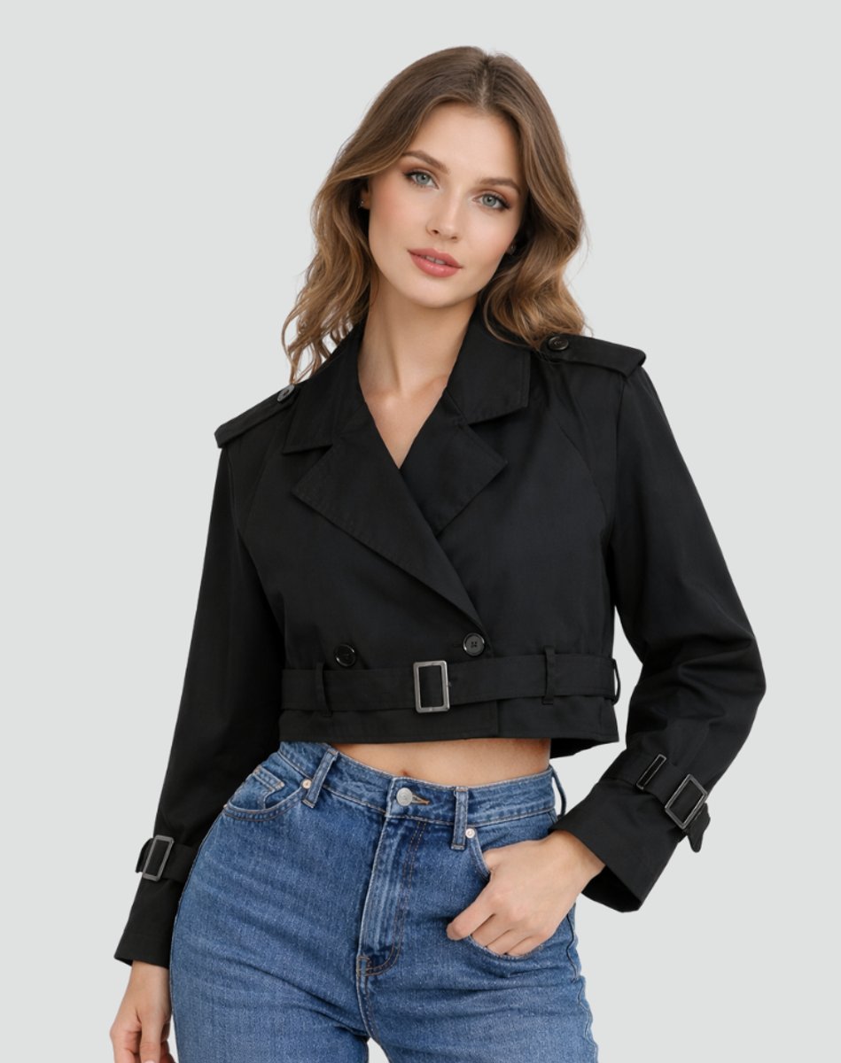 Verlindra | Women's Cropped Double-Breasted Trench Coat Jacket - Image 10