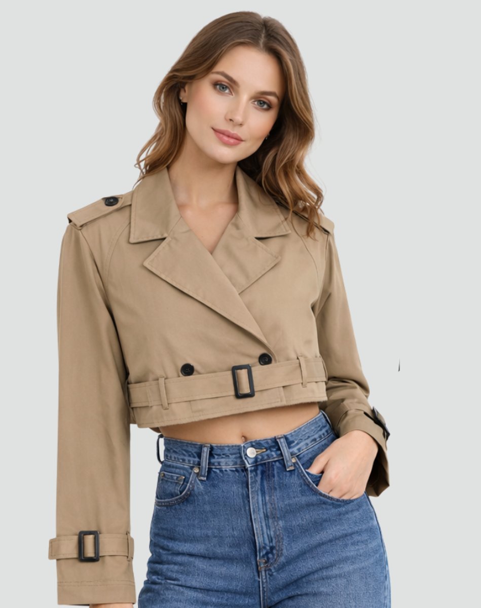 Verlindra | Women's Cropped Double-Breasted Trench Coat Jacket - Image 6