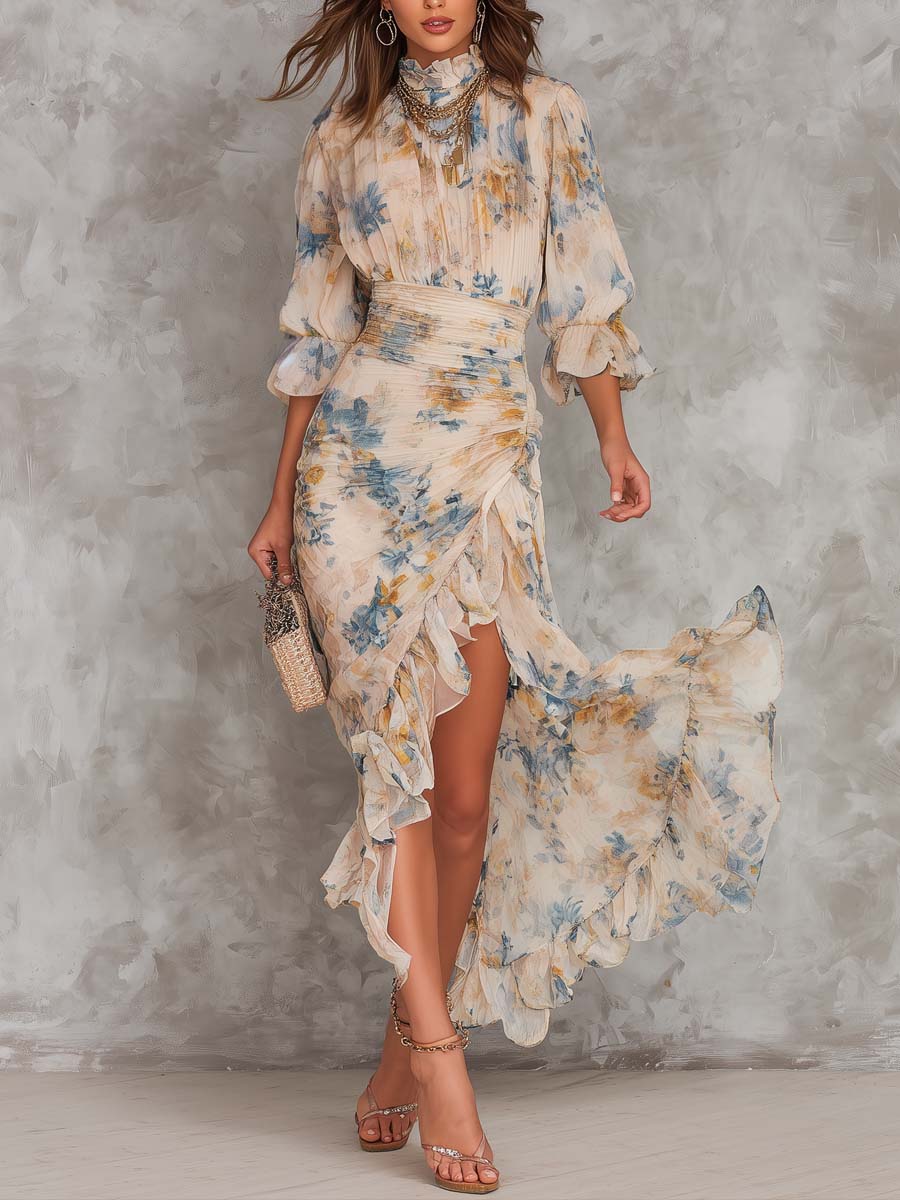 Vervelle | Women's Floral Maxi Dress Ruched Waist - Image 1