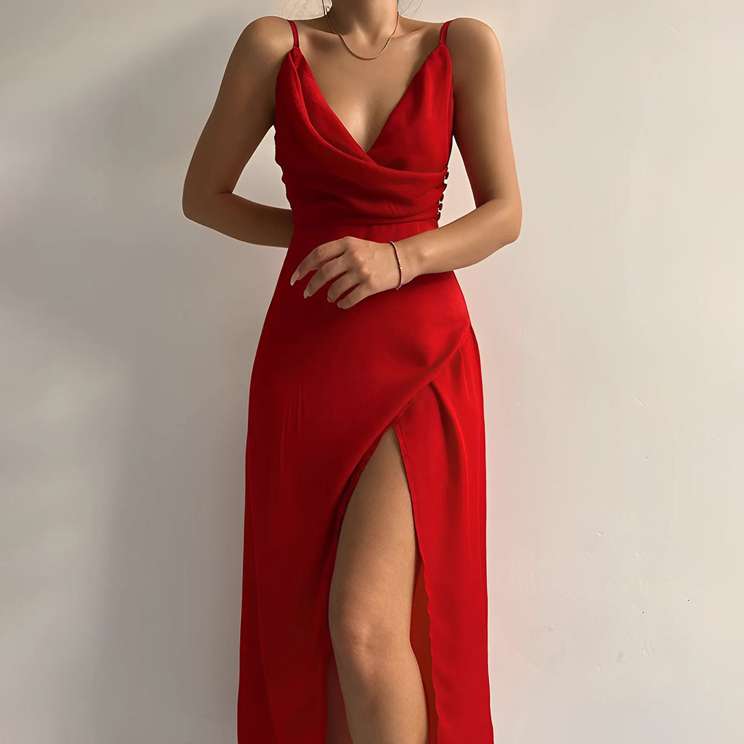 Vespara | Women's Cowl Neck Maxi Dress with High Slit - Image 1