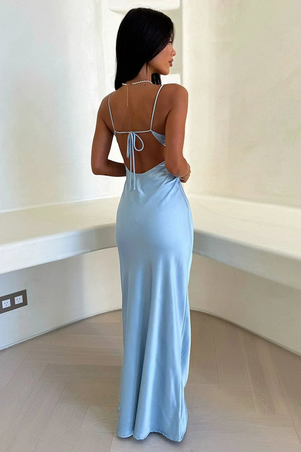 Vespara | Women's Evening Gown Satin Maxi Dress - Light Blue - Image 5